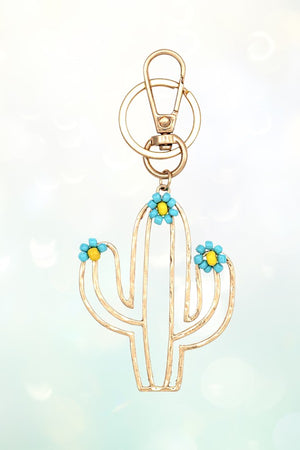 FLORAL BEAD ACCENT CACTUS OUTLINE DANGLE KEYCHAIN
