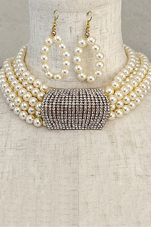 LAYERED PEARL RHINESTONE PENDANT CHOKER NECKLACE EARRING SET