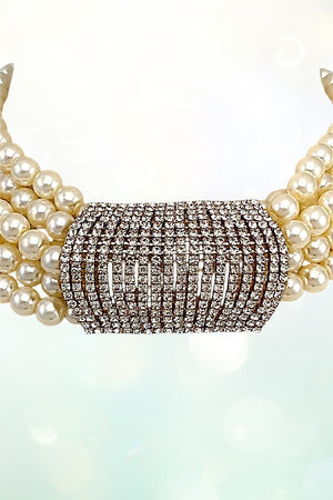 LAYERED PEARL RHINESTONE PENDANT CHOKER NECKLACE EARRING SET
