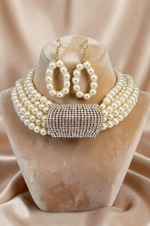 LAYERED PEARL RHINESTONE PENDANT CHOKER NECKLACE EARRING SET
