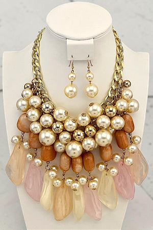 PEARL CLUSTER MILKY STONE DANGLE STATEMENT NECKLACE EARRING SET
