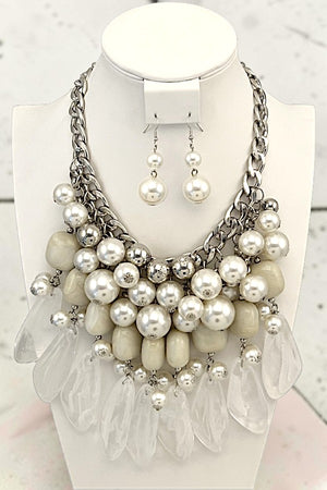 PEARL CLUSTER MILKY STONE DANGLE STATEMENT NECKLACE EARRING SET