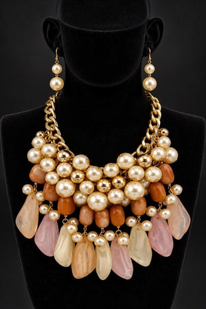 PEARL CLUSTER MILKY STONE DANGLE STATEMENT NECKLACE EARRING SET