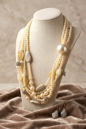 OBLONG PEARL AND STONE LAYERED NECKLACE EARRING SET