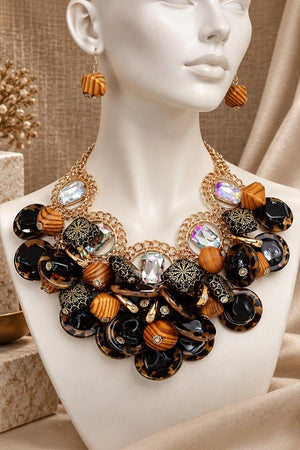 FACETED WOOD BEAD CLUSTER STATEMENT BIB NECKLACE EARRING SET