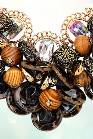 FACETED WOOD BEAD CLUSTER STATEMENT BIB NECKLACE EARRING SET