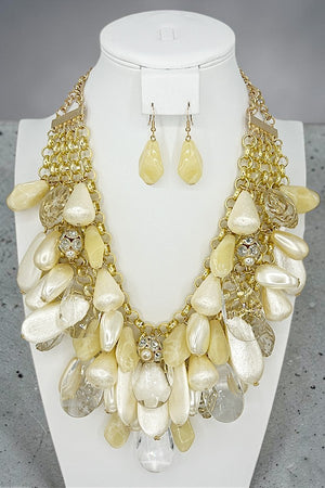 TEARDROP PEARL GEM CLUSTER BIB NECKLACE EARRING SET