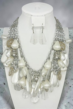 TEARDROP PEARL GEM CLUSTER BIB NECKLACE EARRING SET