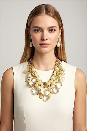 TEARDROP PEARL GEM CLUSTER BIB NECKLACE EARRING SET
