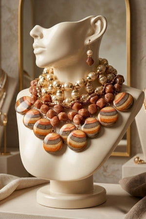 FAUX STONE PEARL ACCENT BIB NECKLACE EARRING SET
