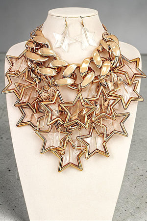 STAR CLUSTER DANGLE BIB CHAIN NECKLACE EARRING SET