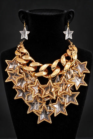 STAR CLUSTER DANGLE BIB CHAIN NECKLACE EARRING SET