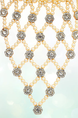 PEARL GEM ACCENT NET CHOKER DRAPE NECKLACE EARRING SET