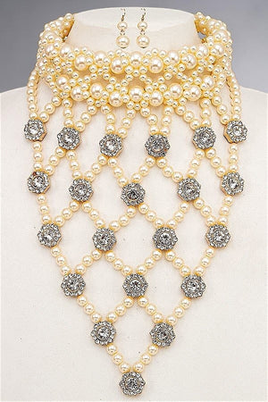 PEARL GEM ACCENT NET CHOKER DRAPE NECKLACE EARRING SET