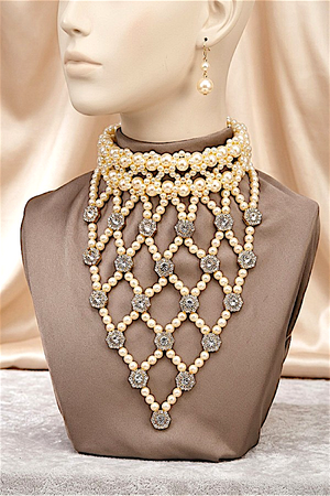PEARL GEM ACCENT NET CHOKER DRAPE NECKLACE EARRING SET