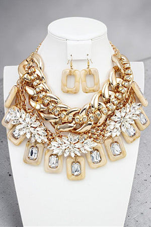 CRYSTAL GEM ACETATE ORNATE STATEMENT NECKLACE EARRING SET