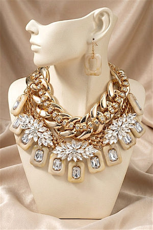 CRYSTAL GEM ACETATE ORNATE STATEMENT NECKLACE EARRING SET