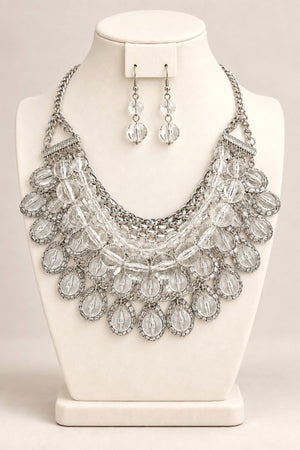 BALL BEADS CHAIN DANGLE STATEMENT NECKLACE EARRING SET