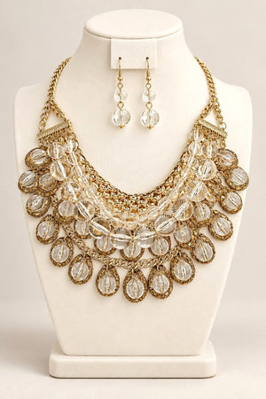 BALL BEADS CHAIN DANGLE STATEMENT NECKLACE EARRING SET