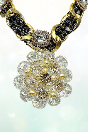 WOVEN CHAIN FLORAL CLUSTER PENDANT NECKLACE EARRING SET