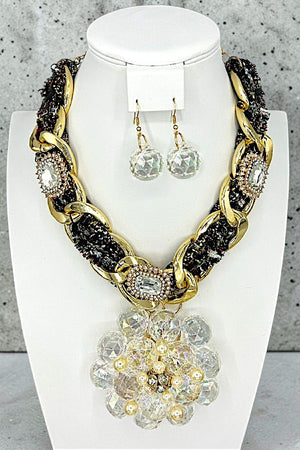 WOVEN CHAIN FLORAL CLUSTER PENDANT NECKLACE EARRING SET
