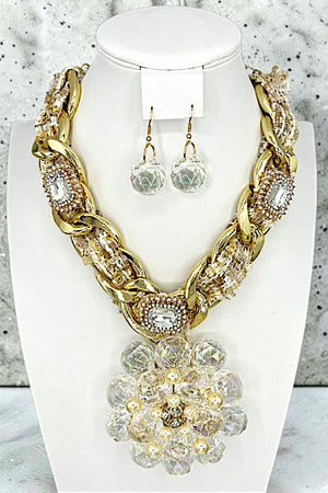 WOVEN CHAIN FLORAL CLUSTER PENDANT NECKLACE EARRING SET