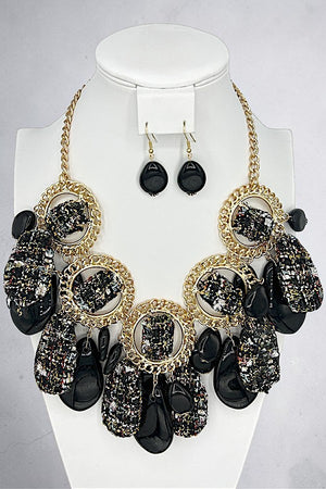 TWEED STONE CHAIN ACCENT NECKLACE EARRING SET