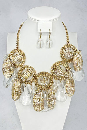 TWEED STONE CHAIN ACCENT NECKLACE EARRING SET