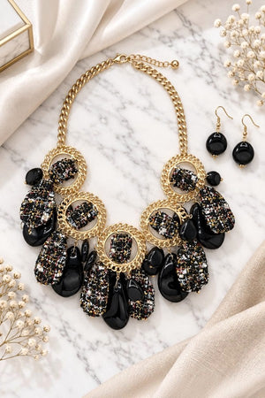 TWEED STONE CHAIN ACCENT NECKLACE EARRING SET