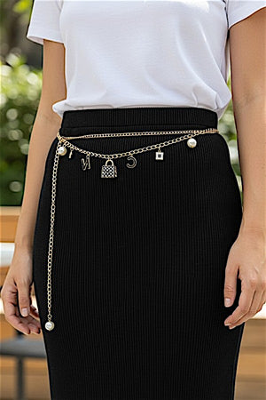PEARL AND RHINESTONE CHARMS DANGLE LAYERED CHAIN FASHION BELT