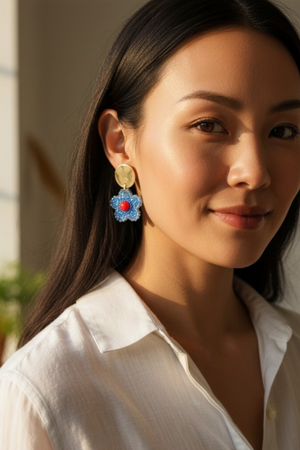 BEADED FLOWER DROP DISK POST EARRING