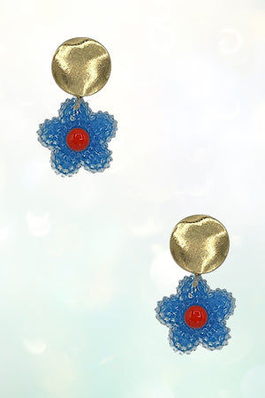 BEADED FLOWER DROP DISK POST EARRING