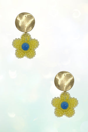 BEADED FLOWER DROP DISK POST EARRING