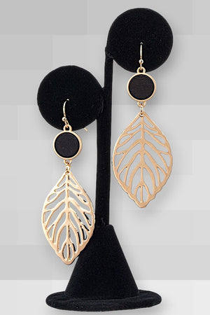 ROUND WOOD POST GOLDEN LEAF LINK DANGLE EARRING
