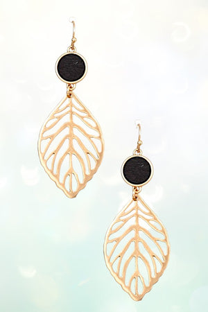 ROUND WOOD POST GOLDEN LEAF LINK DANGLE EARRING
