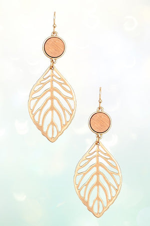 ROUND WOOD POST GOLDEN LEAF LINK DANGLE EARRING