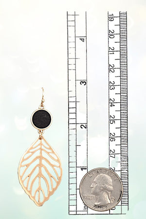 ROUND WOOD POST GOLDEN LEAF LINK DANGLE EARRING