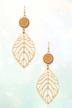 ROUND WOOD POST GOLDEN LEAF LINK DANGLE EARRING