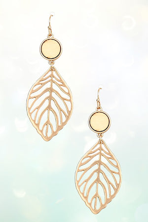 ROUND WOOD POST GOLDEN LEAF LINK DANGLE EARRING