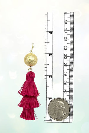 THREE TIER MULTI THREAD TASSEL DANGLE GOLD BALL EARRING