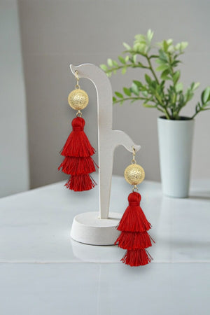 THREE TIER MULTI THREAD TASSEL DANGLE GOLD BALL EARRING