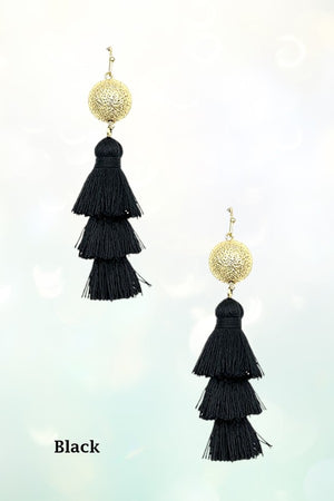 THREE TIER MULTI THREAD TASSEL DANGLE GOLD BALL EARRING