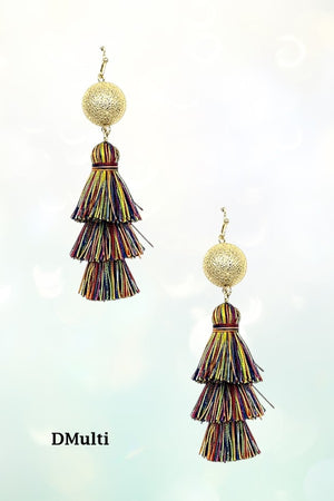THREE TIER MULTI THREAD TASSEL DANGLE GOLD BALL EARRING