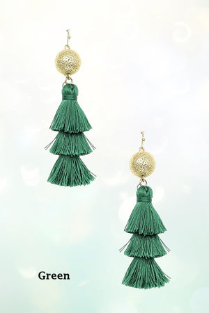THREE TIER MULTI THREAD TASSEL DANGLE GOLD BALL EARRING