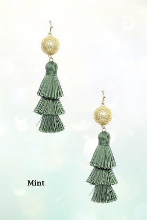 THREE TIER MULTI THREAD TASSEL DANGLE GOLD BALL EARRING