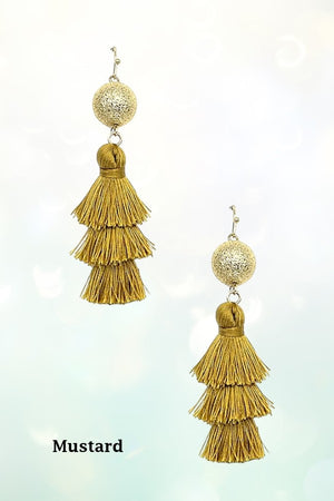 THREE TIER MULTI THREAD TASSEL DANGLE GOLD BALL EARRING