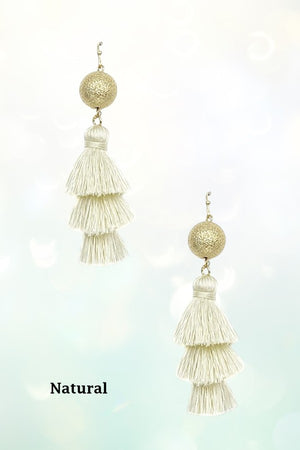 THREE TIER MULTI THREAD TASSEL DANGLE GOLD BALL EARRING