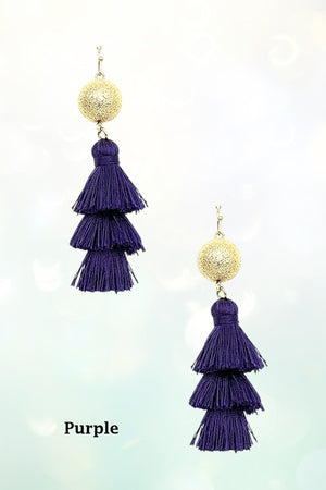 THREE TIER MULTI THREAD TASSEL DANGLE GOLD BALL EARRING