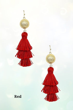 THREE TIER MULTI THREAD TASSEL DANGLE GOLD BALL EARRING