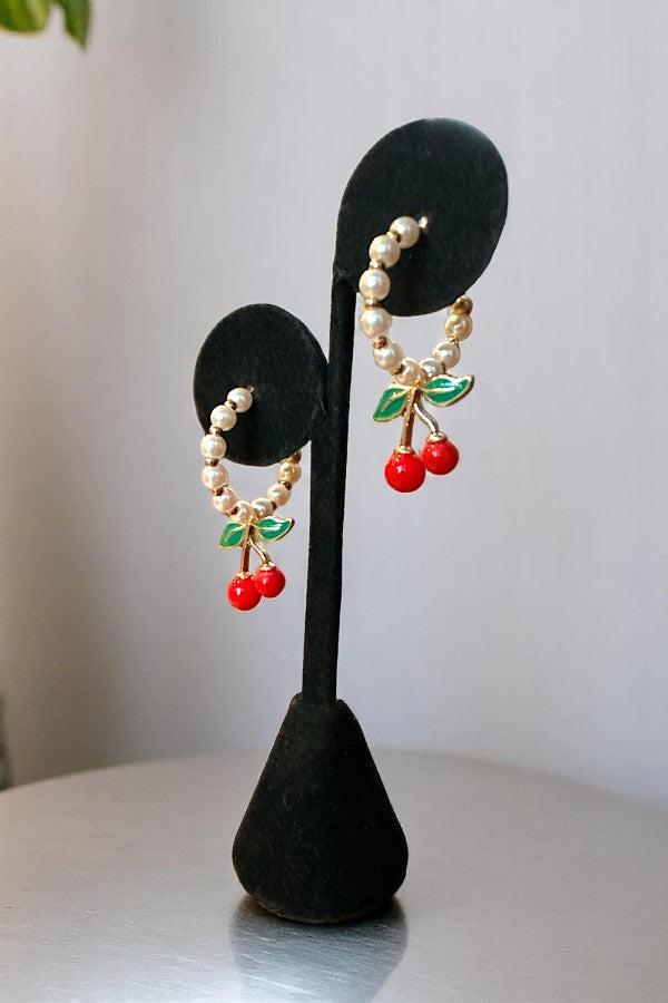 SMALL PEARL SEMI HOOP CHERRY CHARM EARRING